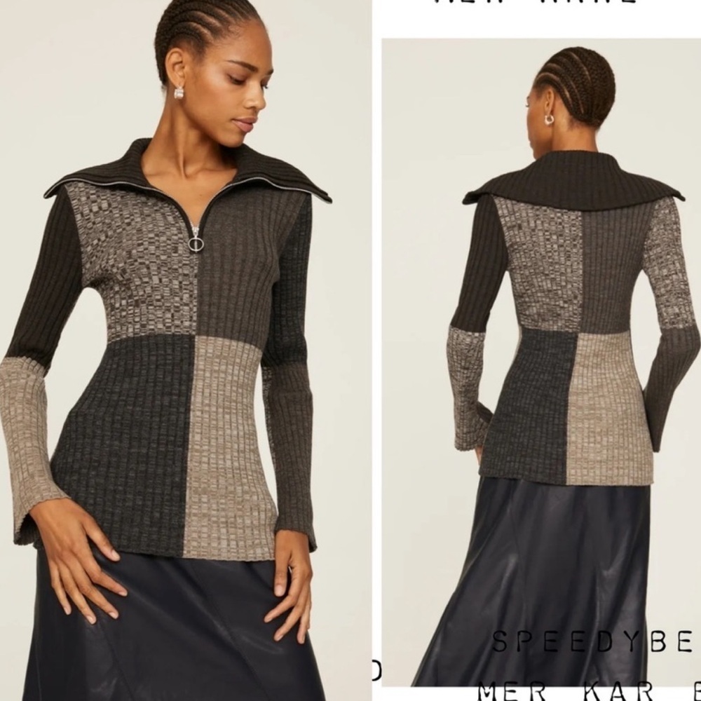 SANDRO Moria Wool Gray colorblock patchwork Sweater sophisticate preppy women XL